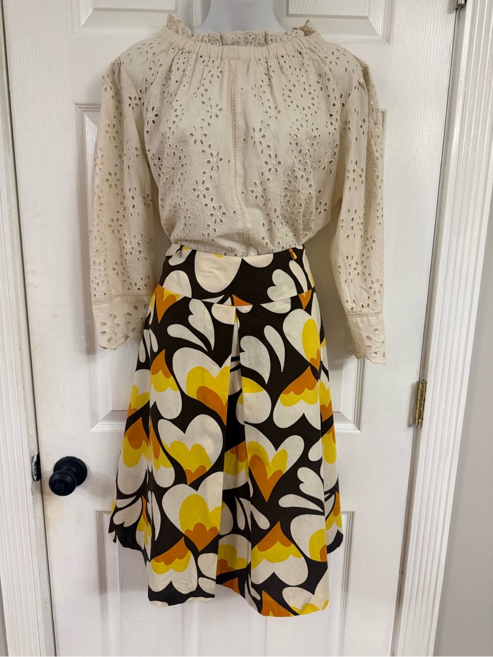 Retro Heart-Print Circle Skirt in Brown, Yellow & Cream